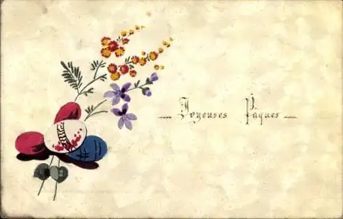Handgemalt Ak Glückwunsch Ostern, Ostereier, Blüten
