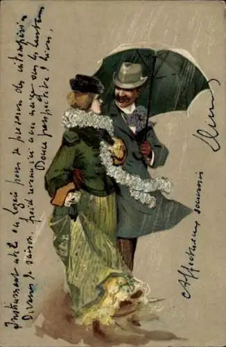 Präge Litho Liebespaar im Regen, Regenschirm