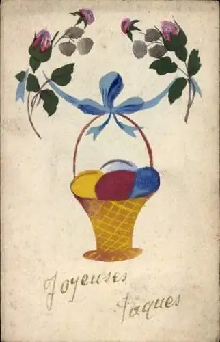 Handgemalt Ak Glückwunsch Ostern, Korb mit Ostereiern, Rosenknospen