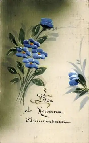 Handgemalt Ak Glückwunsch Geburtstag, Blaue Blumen, Vergissmeinnichtblüten