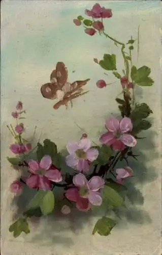 Handgemalt Ak Schmetterling und Blumen