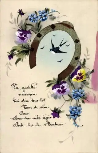 Handgemalt Ak Schwalbe, Hufeisen, Blumen, Stiefmütterchen
