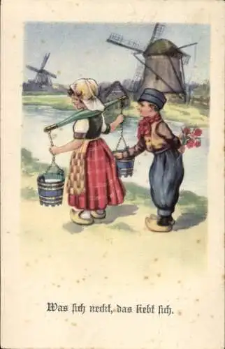 Ak Was sich neckt, das liebt sich, Windmühlen, niederländische Trachten