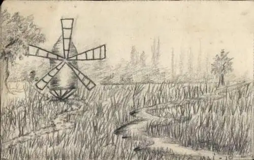 Handgemalt Ak Landschaft mit Windmühle