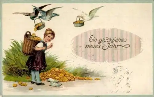 Präge Ak Glückwunsch Neujahr, Mädchen mit Rückentrage, Tauben bringen Geldmünzen