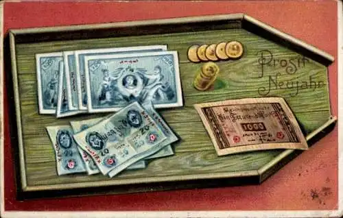 Präge Ak Glückwunsch Neujahr, Münzen, Geld, Geldscheine