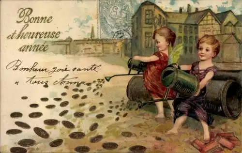 Präge Litho Glückwunsch Neujahr, Kinder mit Gießkannen, Münzen