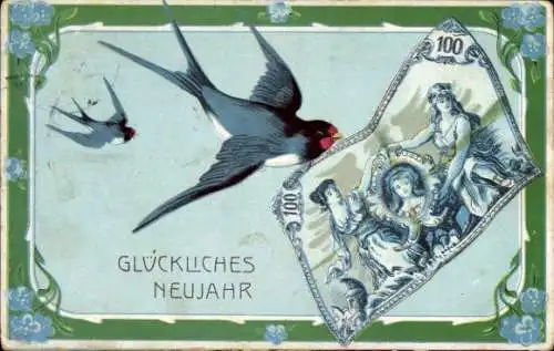 Ak Glückwunsch Neujahr, Schwalben, Geldschein, Blumen