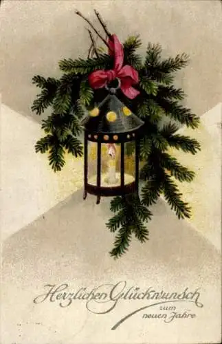 Ak Glückwunsch Neujahr, Tannenzweige, Kerze, Schleife