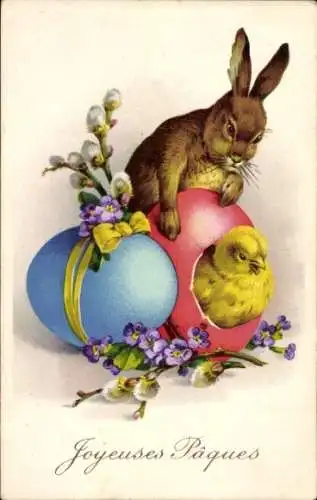 Ak Glückwunsch Ostern, Küken, Ostereier, Hase, Weidenkätzchen, Blumen
