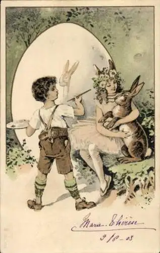 Litho Ostern, Junge als Maler, Mädchen und Osterhase