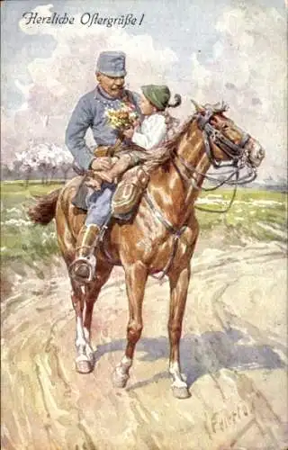Künstler Ak Feiertag, Karl, Glückwunsch Ostern, Kuk Soldat, Reiter, Kind mit Blumenstrauß