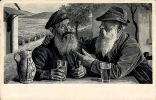 Künstler Ak Drion, V., Pfälzer Winzer, Männer am Tisch, Wein