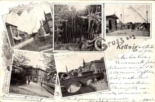 Passepartout Ak Kettwig Essen im Ruhrgebiet, Ruhrbrücke, Marktplatz, Bahnhof