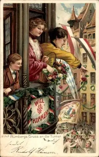 Präge Litho Nürnberg in Mittelfranken, Turner, Frauen, Fenster, X. Deutsches Turnfest 1903