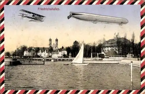 Ak Friedrichshafen am Bodensee, Zeppelin und Wasserflugzeig im Flug, Stadt