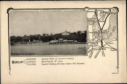 Ak Sassnitz auf der Insel Rügen, Landkarte, Fährschiff im Hafen, Schiffroute
