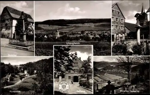 Ak Uissigheim Külsheim in Tauberfranken Baden, Teilansicht, Denkmal, Rathaus, Pumpwerk