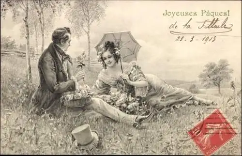 Ak Glückwunsch Ostern, Paar auf einer Wiese