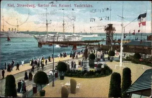 Ak Kiel in Schleswig Holstein, Strandweg, Garten des kaiserl. Yachtclubs, Kriegsschiff