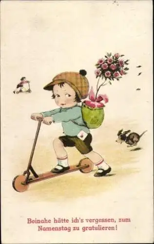 Ak Glückwunsch Namenstag, Junge mit Roller
