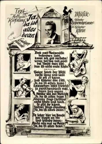 Lied Ak Schauspieler Werner Hass, Portrait, Anzug, Fliege, Lachend, Ja da ist alles dran