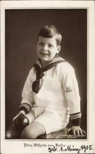 Ak Prinz Wilhelm von Hessen, Portrait im Matrosenanzug