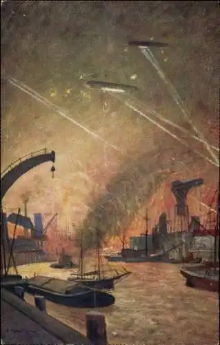 Künstler Ak Hubert, A., Deutsche Marineluftschiffe, Luftangriff auf Londoner Hafenanlagen