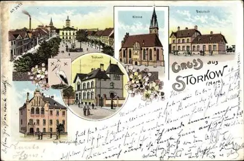 Litho Storkow in der Mark, Markt, Amtsgericht, Kirche, Postamt, Bahnhof, Wappen