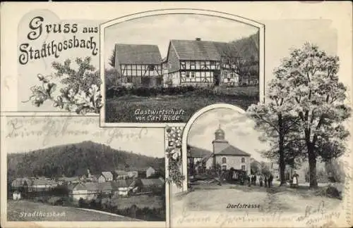 Ak Stadthosbach Sontra in Hessen, Gesamtansicht, Gastwirtschaft Carl Bode, Dorfstraße, Kirche