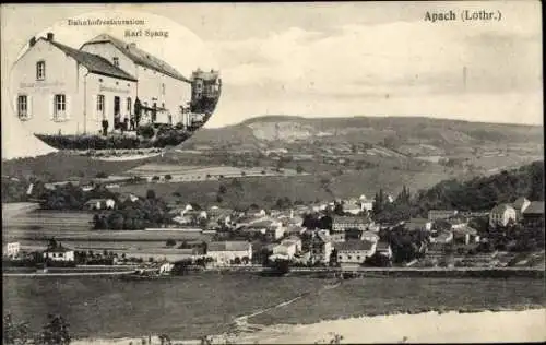 Ak Apach an der Mosel Lothringen Moselle, Panorama, Bahnhofrestauration Karl Spang