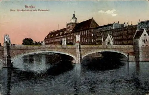 Ak Wrocław Breslau Schlesien, Neue Werderbrücke mit Universität