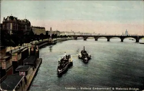 Ak London City England, Victoria Embankment, Waterloo Bridge