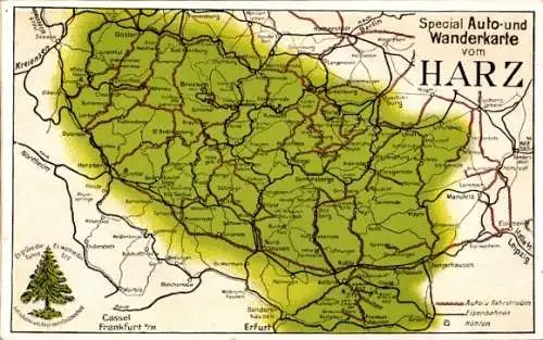Landkarten Ak Brocken Nationalpark Harz, Brockenhotel, Kyffhäuser, Erfurt, Quedlinburg, Mansfeld