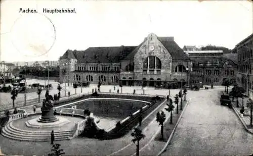 Ak Aachen in Nordrhein Westfalen, Hauptbahnhof, Außenansicht, Vorplatz, Denkmal, Teich