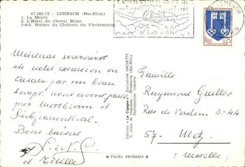 Ak Lembach Elsass Bas Rhin, Teilansicht, Rathaus, Hotel du Cheval Blanc, Ruines du Chateau