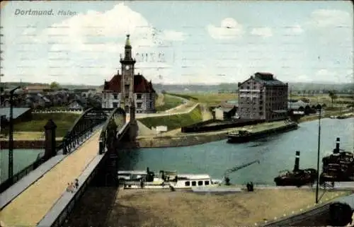 Ak Dortmund im Ruhrgebiet, Hafen, Brücke, Dampfer