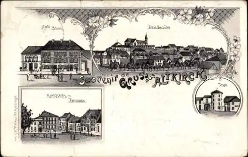 Litho Altkirch Elsass Haut Rhin, Totale, Marktplatz, Brunnen, Café