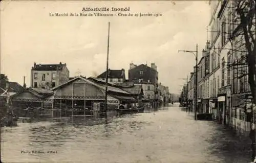 Ak Alfortville Val de Marne, Der Markt in der Rue de Villeneuve, Überschwemmung 1910