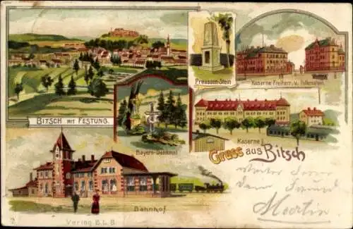 Litho Bitche Bitsch Lothringen Moselle, Kaserne, Festung, Bahnhof, Preussen-Stein
