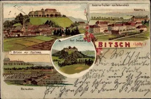 Litho Bitche Bitsch Lothringen Moselle, Kaserne Freiherr von Falkenstein, Baracken, Festung