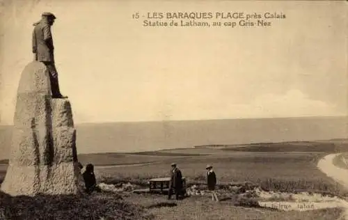 Ak Boulogne sur Mer Pas de Calais, Cap Gris Nez, Baraques Plage, Statue de Latham