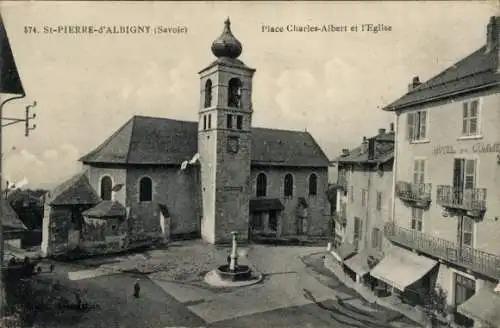 Ak St. Pierre d'Albigny Savoie, Place Charles Albert, Kirche