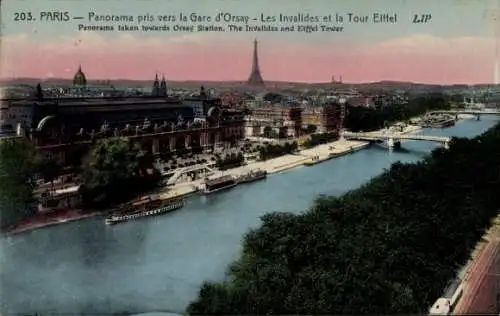 Ak Paris VII, Les Invalides, Panorama pris vers la Gare d'Orsay, Eiffelturm