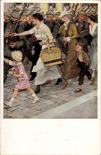 Künstler Ak Wennerberg, Bruno, Ausmarsch, Soldaten, Frauen, Kinder