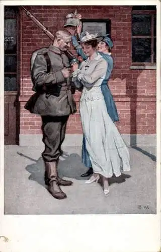 Künstler Ak Wennerberg, Bruno, Vor der Abfahrt, Soldat, Frauen