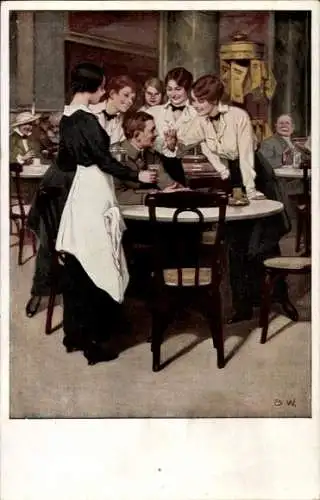 Künstler Ak Wennerberg, Bruno, Stammgast, Soldat am Tisch, Kellnerinnen
