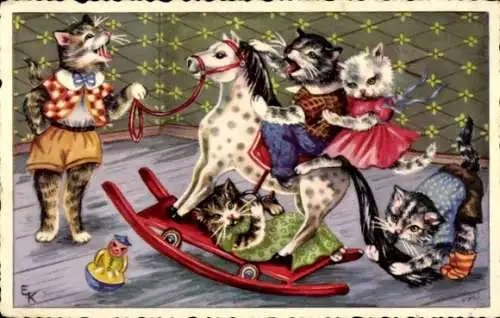 Künstler Ak Katzen auf einem Schaukelpferd, Stehaufmännchen