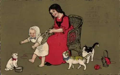 Ak Junge Katzen, Frau mit Kind, Wollknäuel