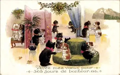 Ak Hunde und Katzen in Harmonie, Stechpalme, Frohes Neues Jahr